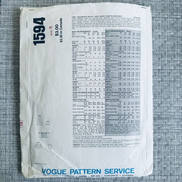 1970s Vogue Sewing Pattern 1594 Boy Girl JACKET VEST SKIRT SHORTS PANTS Size 5 - Picture 2 of 2